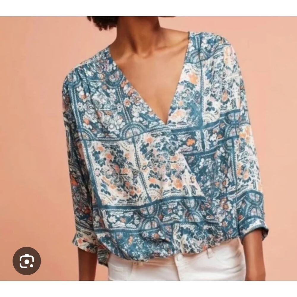 Maeve Teal and Peach Floral Patchwork V-Neck Blouse